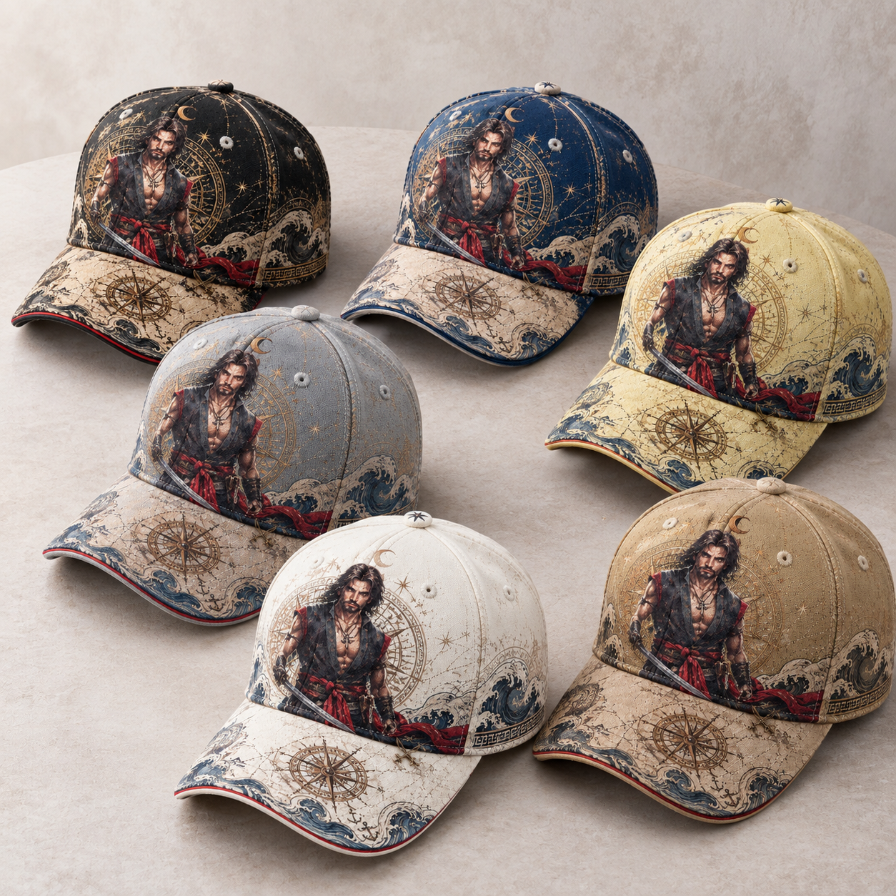 Nautical Swordsman Compass Graphic Baseball Cap product view 1