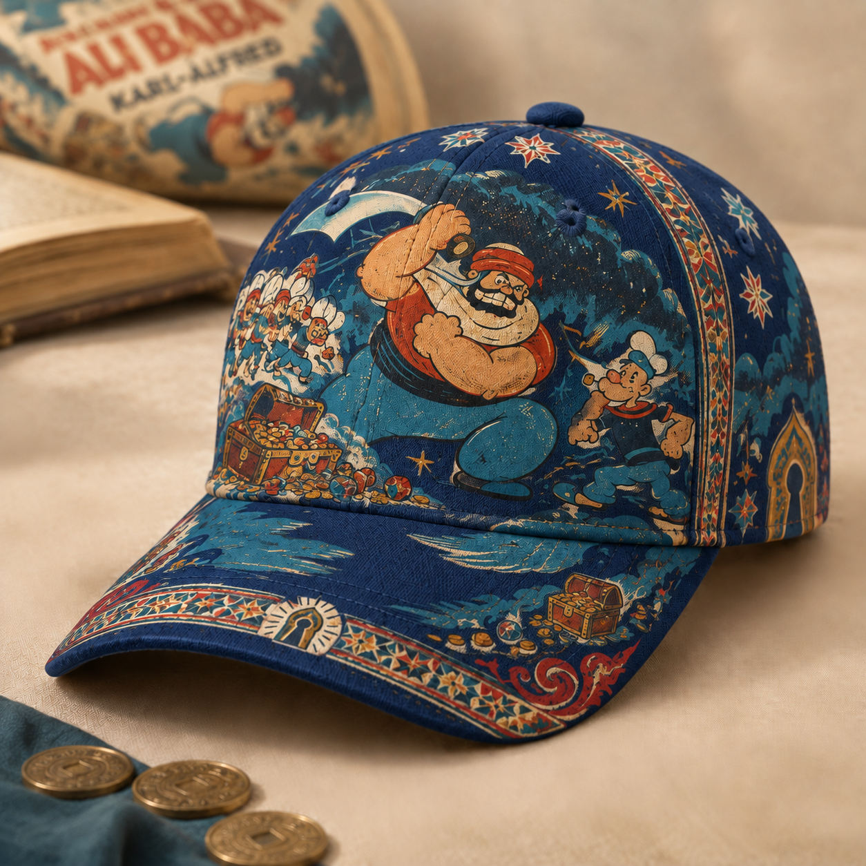 Vintage Comic Sailor Adventure Graphic Baseball Cap Navy
