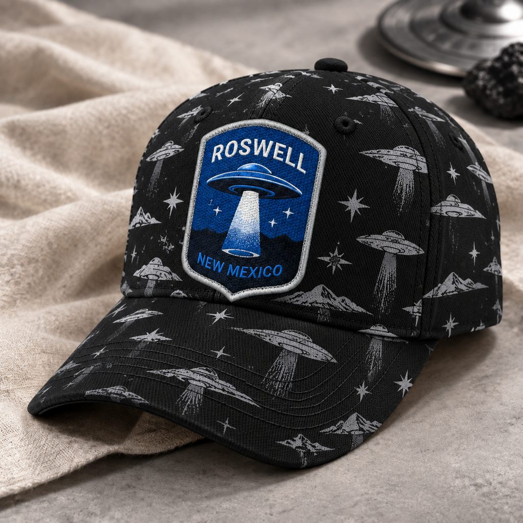 Roswell UFO Print Beige Baseball Cap Black