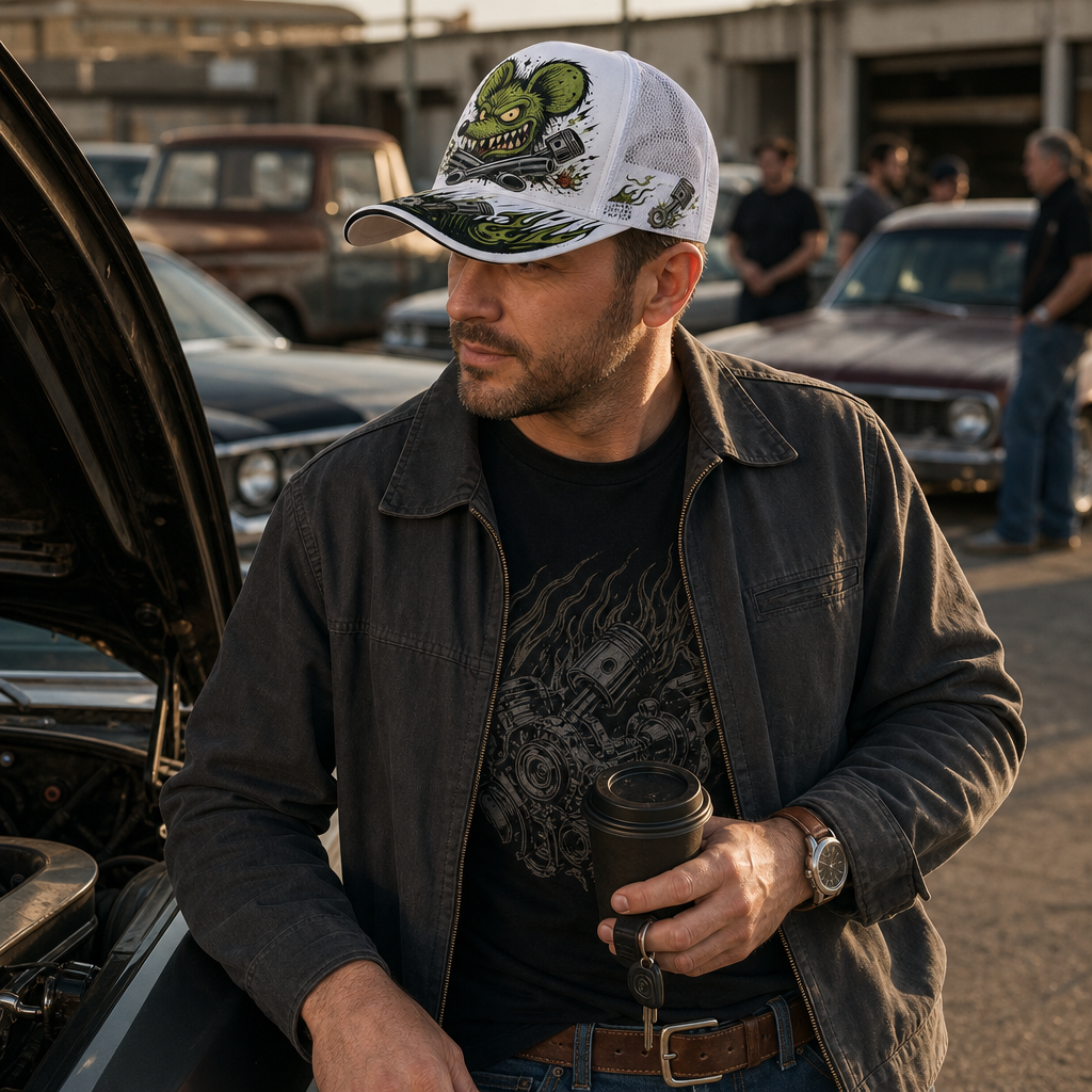 Green Monster Piston Graphic Trucker Hat lifestyle scene