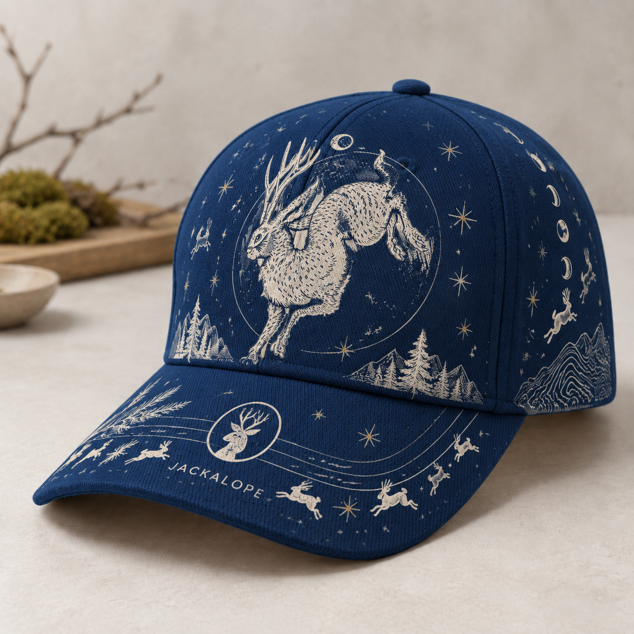 Jackalope Moon Woodland Graphic Baseball Cap Navy