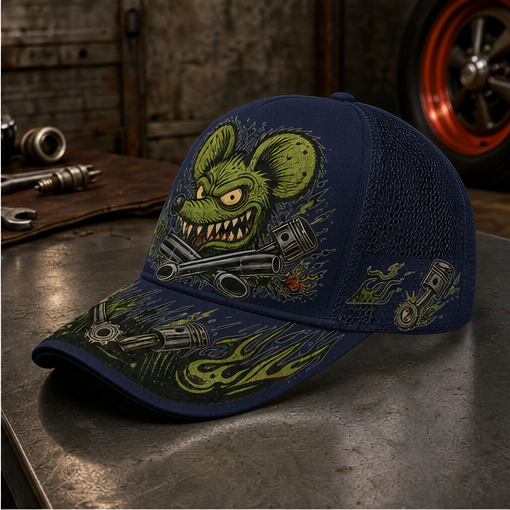 Green Monster Engine Graphic Trucker Hat Navy