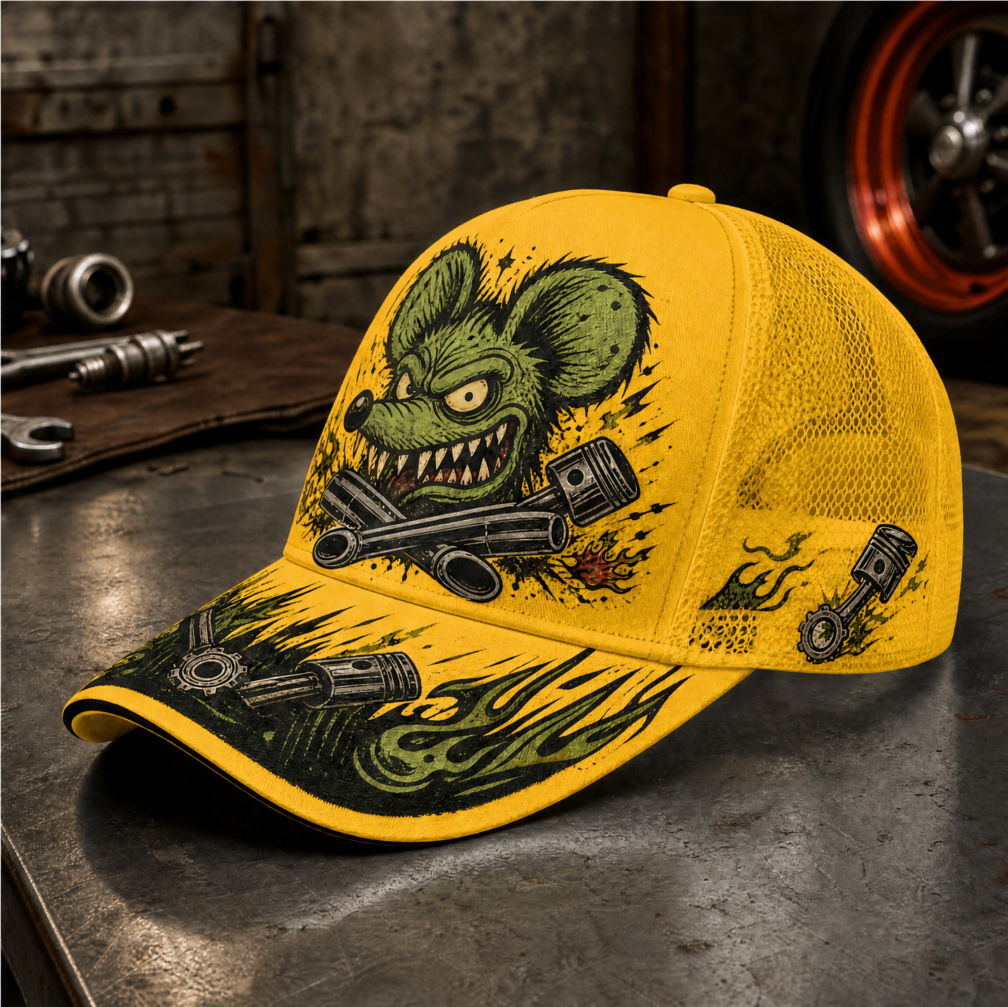 Green Monster Engine Graphic Trucker Hat Yellow