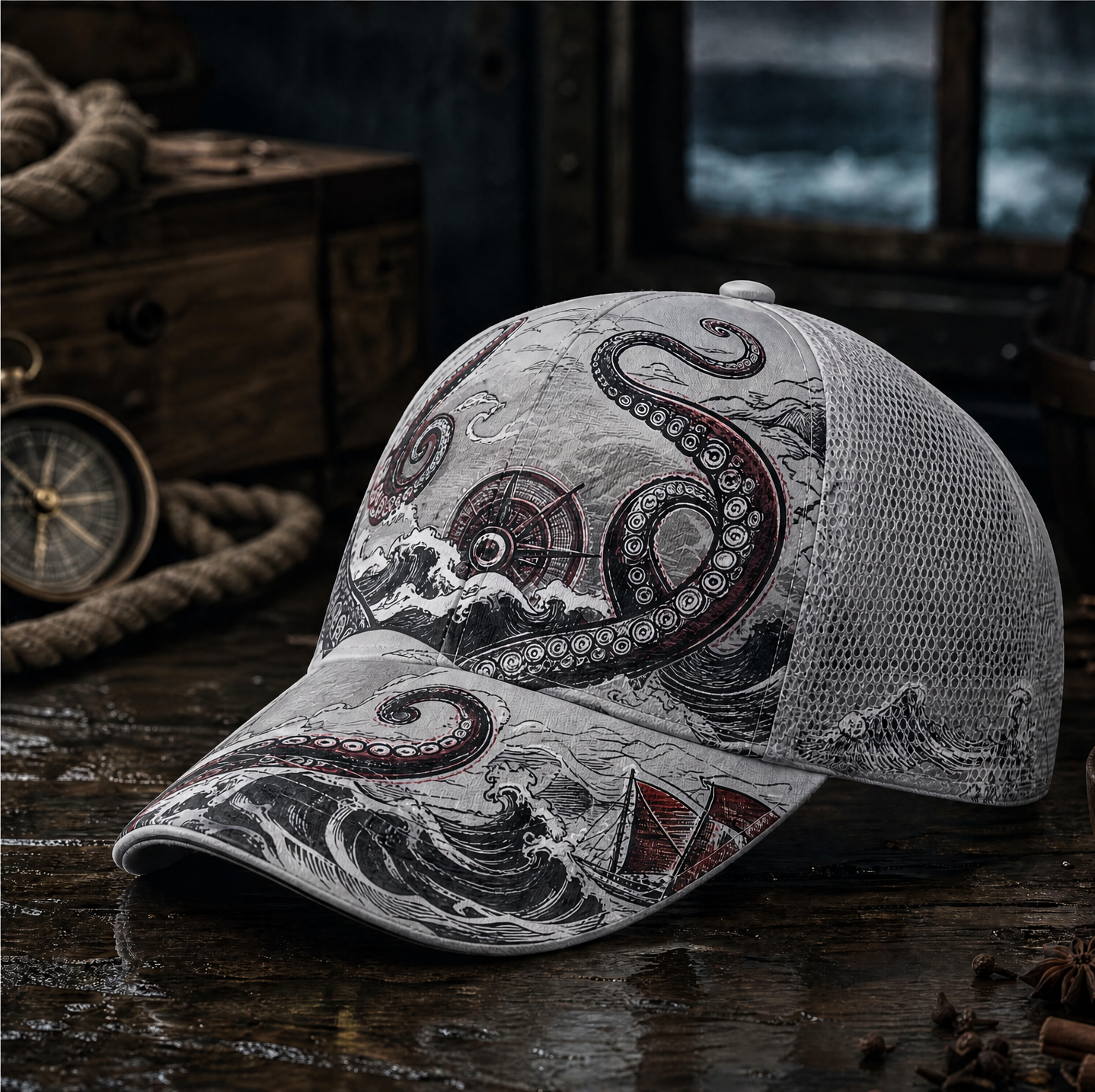 Nautical Octopus Waves Trucker Hat LightGray