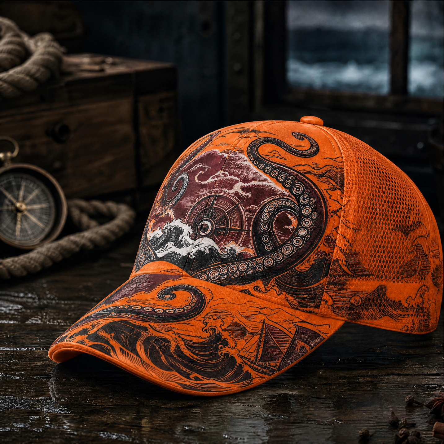 Nautical Octopus Waves Trucker Hat Orange