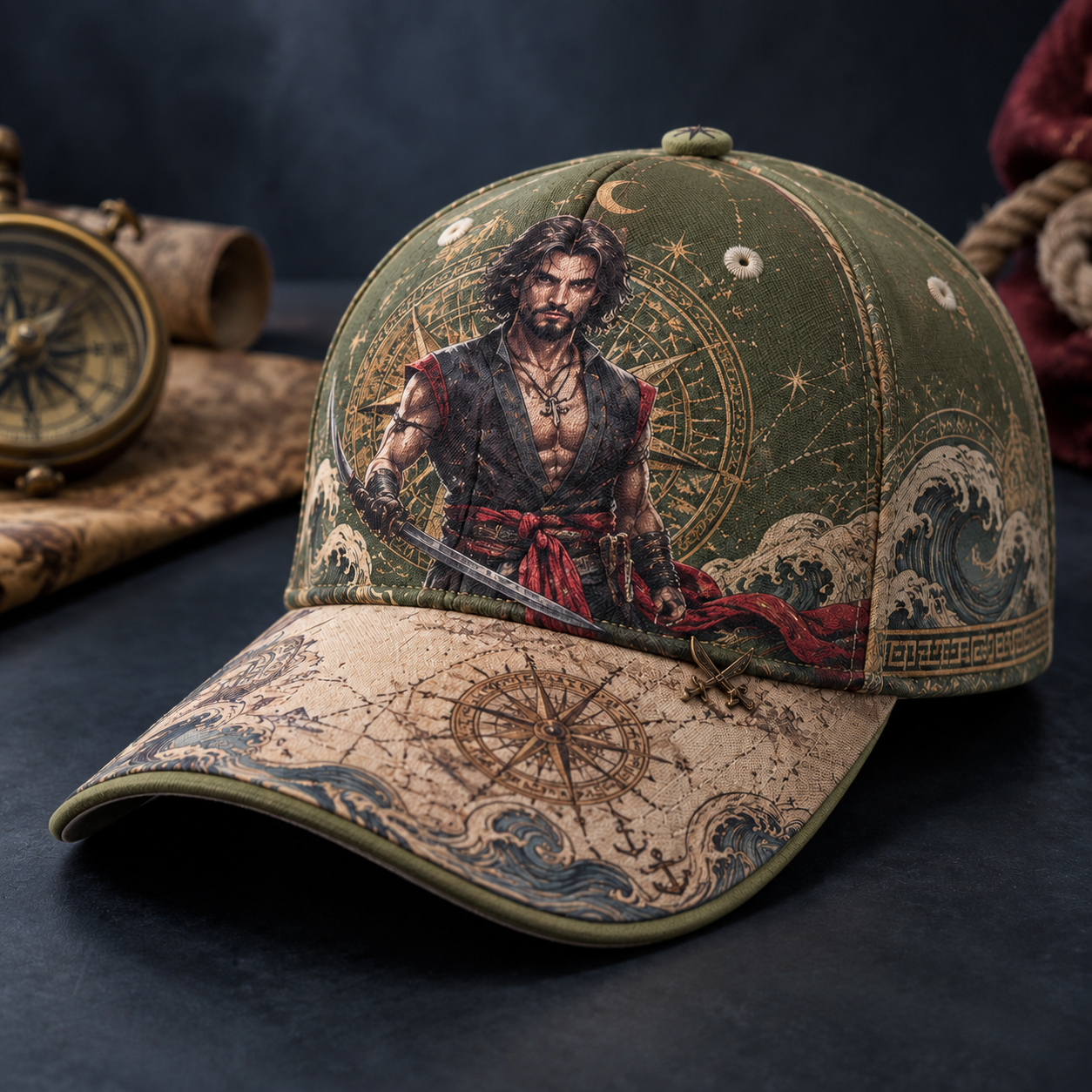 Nautical Swordsman Compass Graphic Baseball Cap Olive