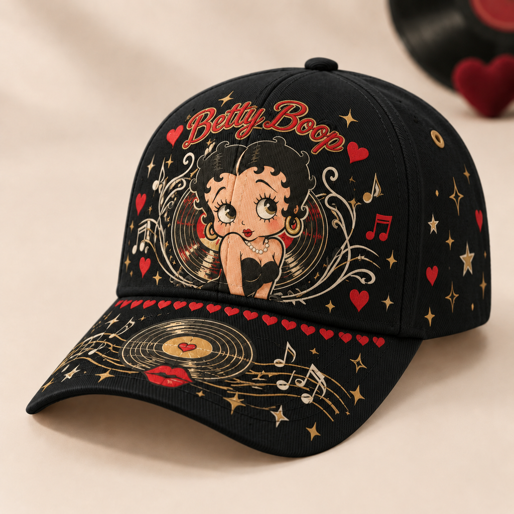 Retro Cartoon Music Ivory Baseball Cap Black