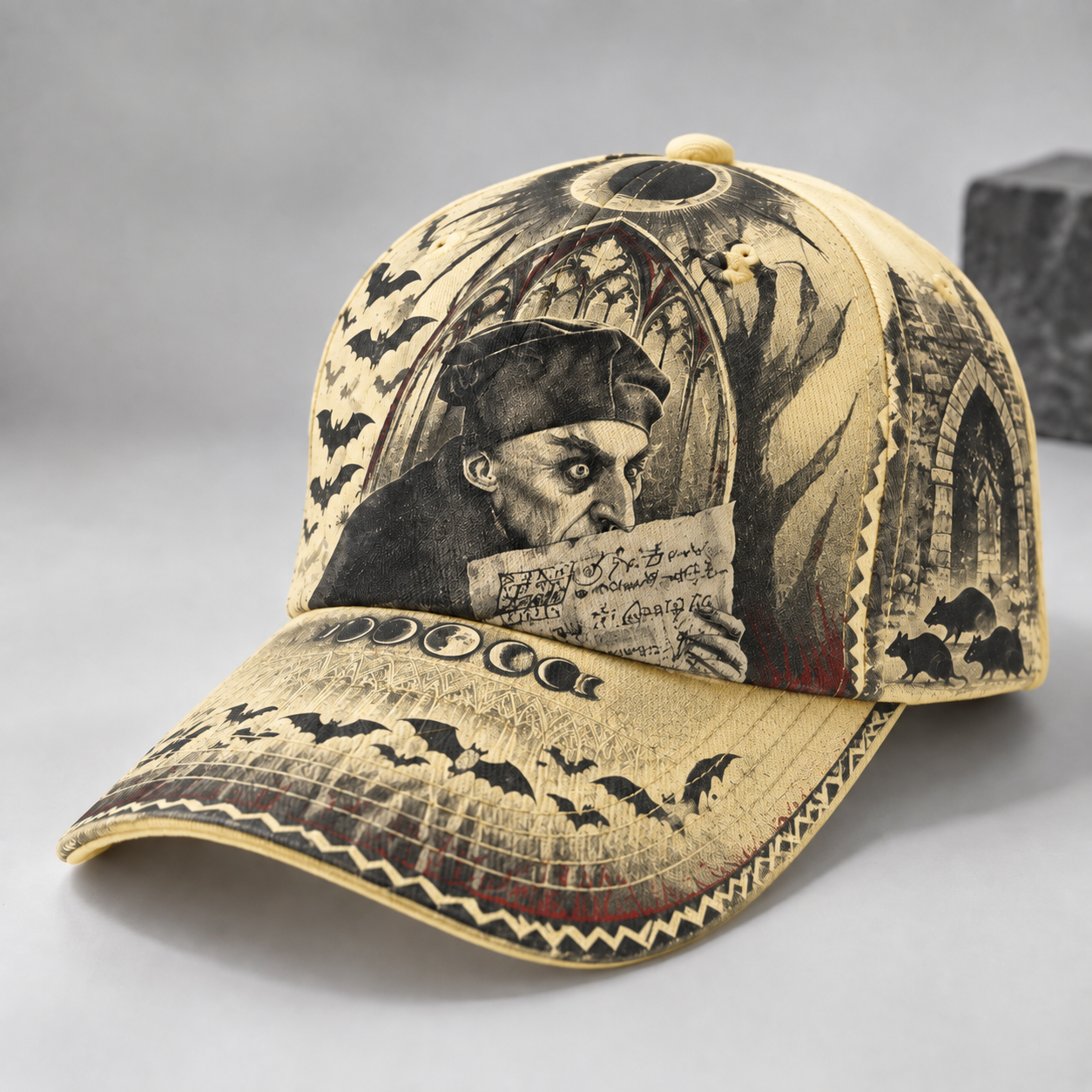 Gothic Vampire Scroll Graphic Baseball Cap Cream