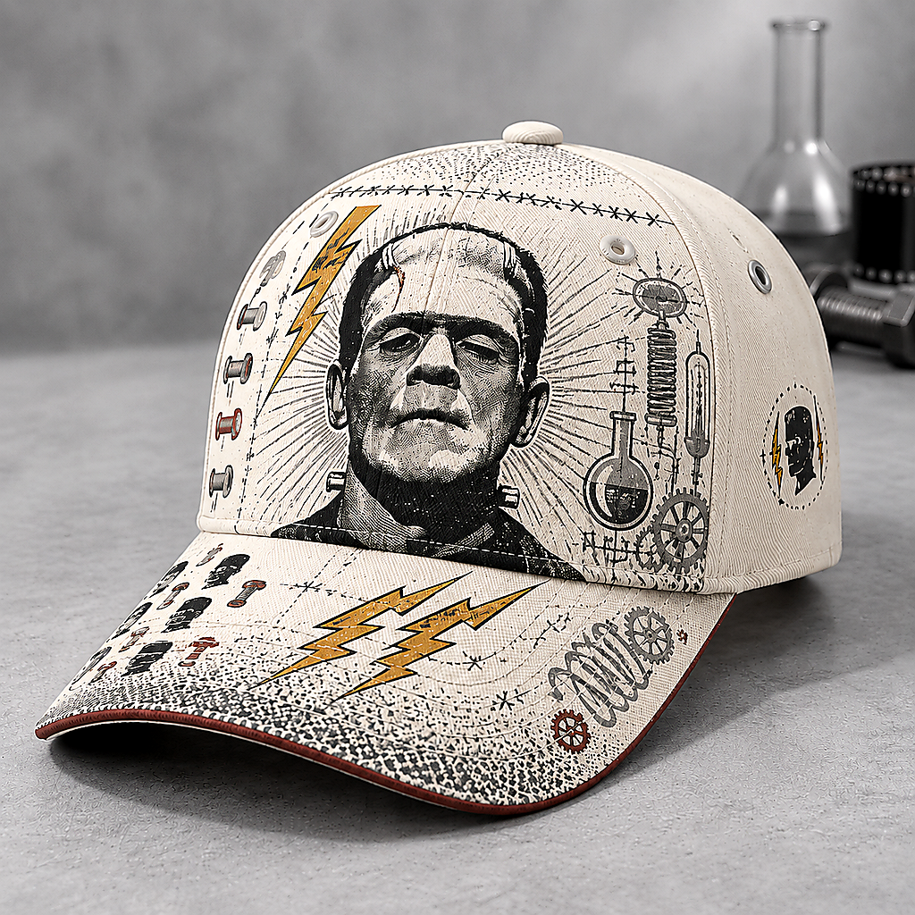 Stitched Monster Lightning Graphic Beige Baseball Cap Ivory