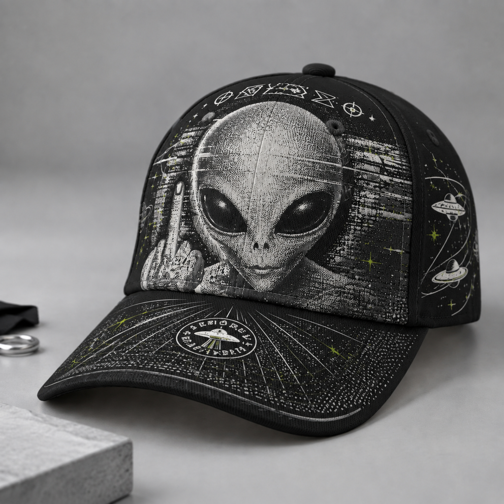 Extraterrestrial Alien Graphic Beige Baseball Cap Black