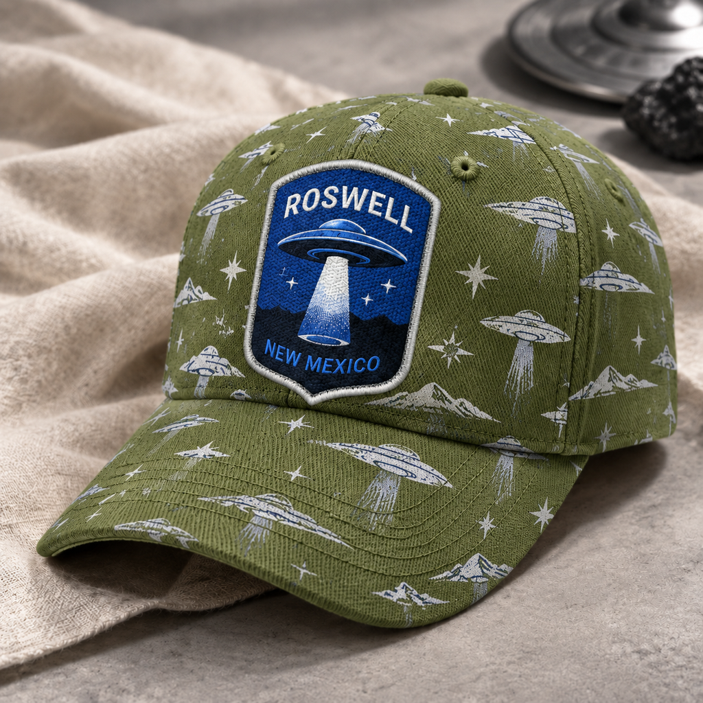 Roswell UFO Print Beige Baseball Cap Olive