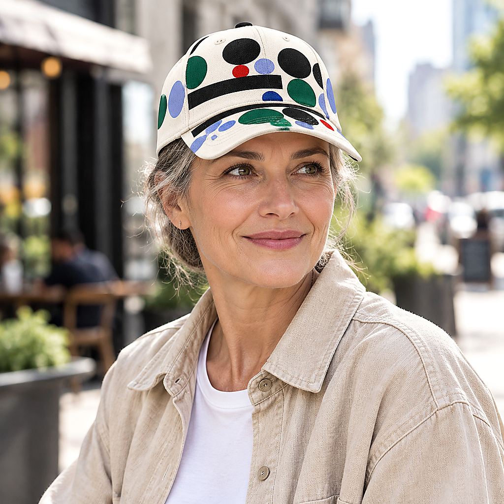 Colorful Polka Dot Graphic Beige Baseball Cap lifestyle scene 2