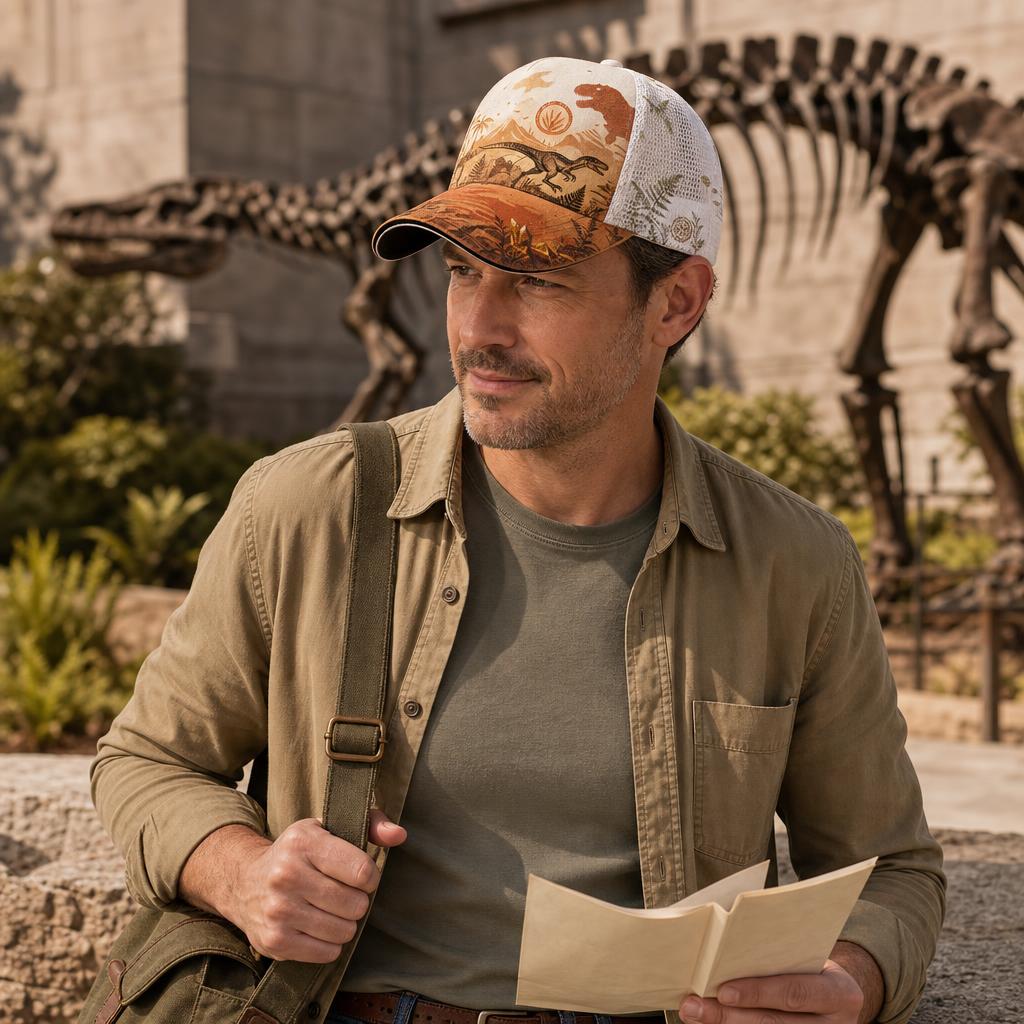 Prehistoric T-Rex Explorer Trucker Hat lifestyle scene
