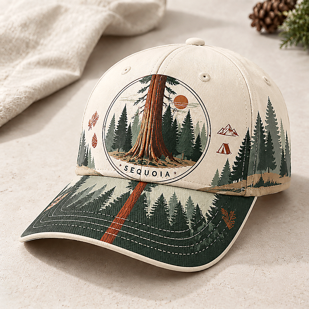 Sequoia Forest Camping Graphic Baseball Cap Ivory