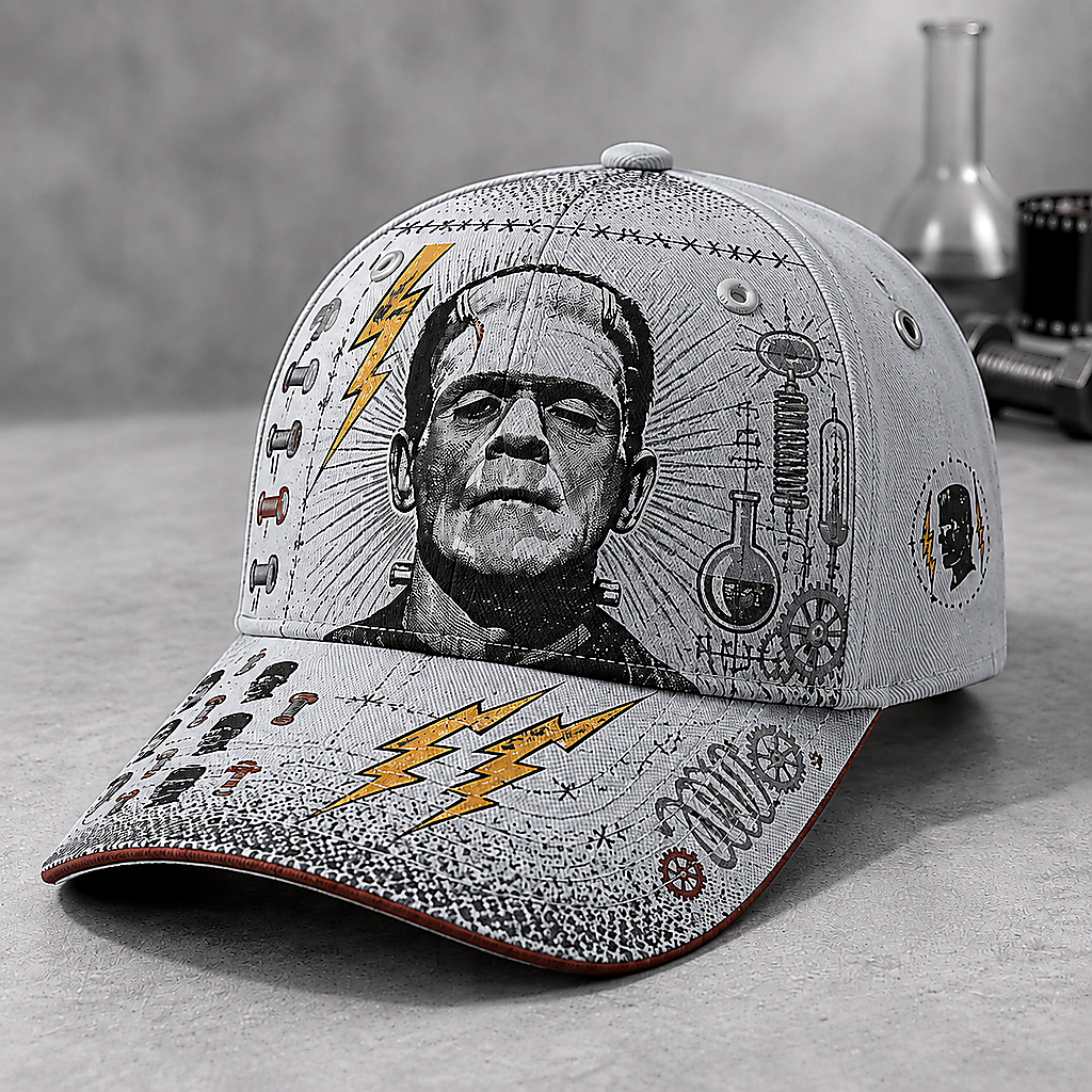 Stitched Monster Lightning Graphic Beige Baseball Cap Gray
