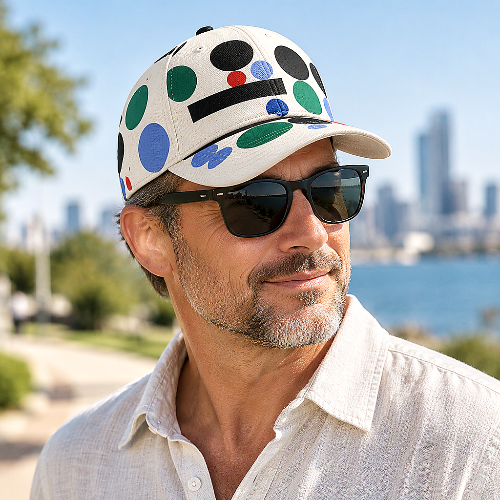 Colorful Polka Dot Graphic Beige Baseball Cap lifestyle scene 1