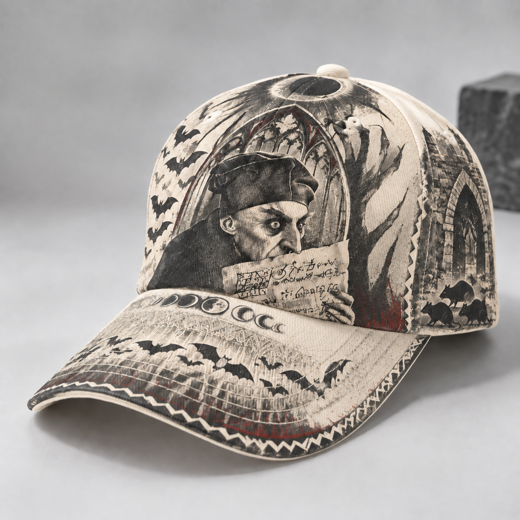 Gothic Vampire Scroll Graphic Baseball Cap Ivory