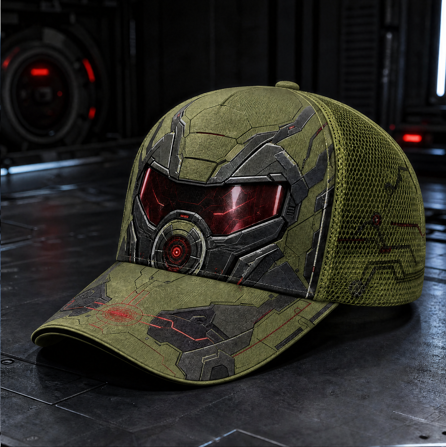 Futuristic Robot Visor Trucker Hat Olive