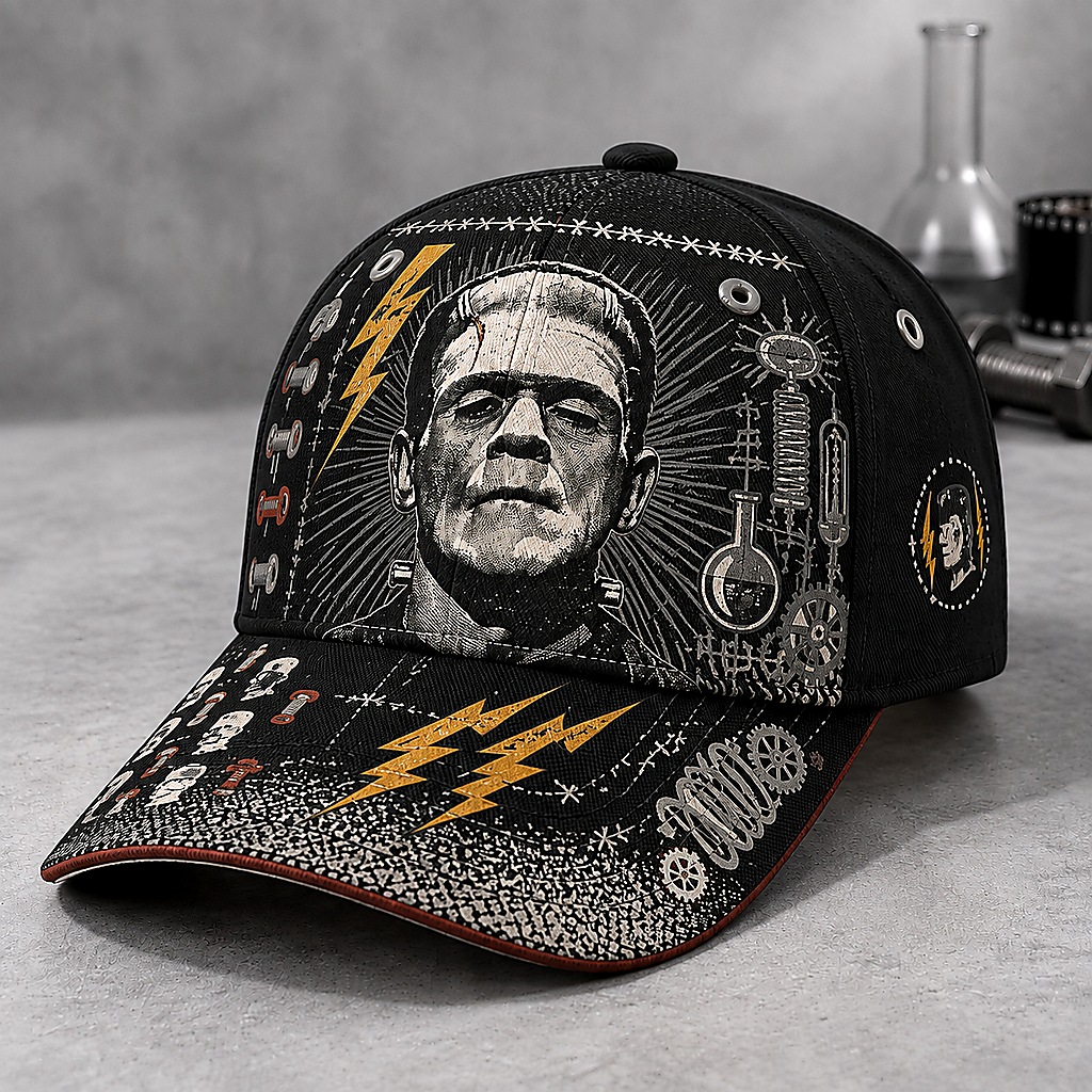 Stitched Monster Lightning Graphic Beige Baseball Cap Black