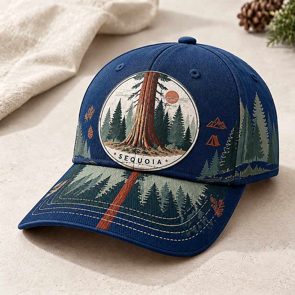 Sequoia Forest Camping Graphic Baseball Cap Navy