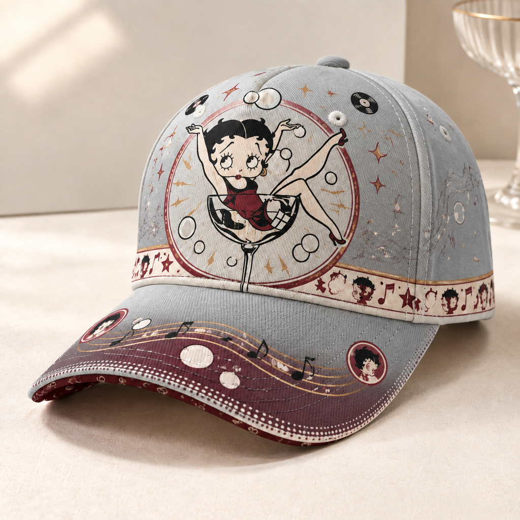 Retro Cartoon Cocktail Glass Graphic Baseball Cap Gray