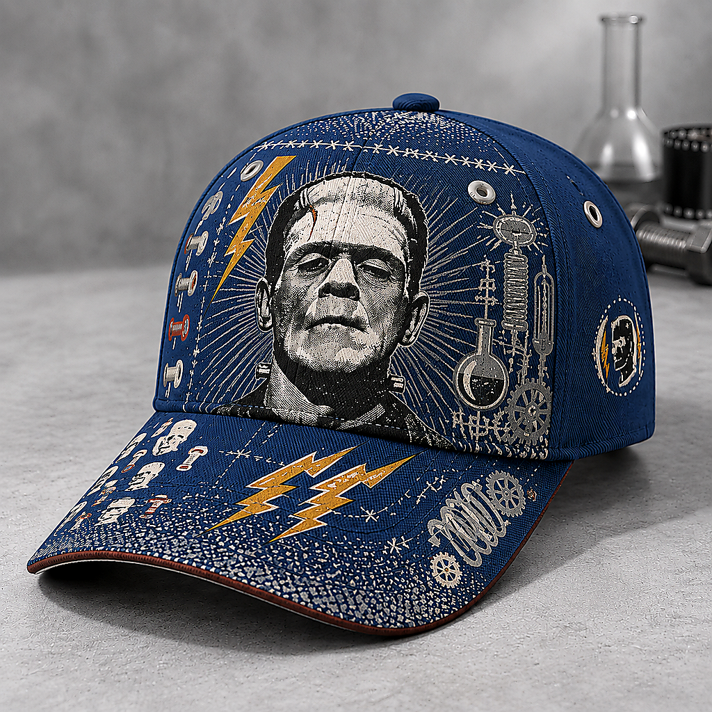 Stitched Monster Lightning Graphic Beige Baseball Cap Navy