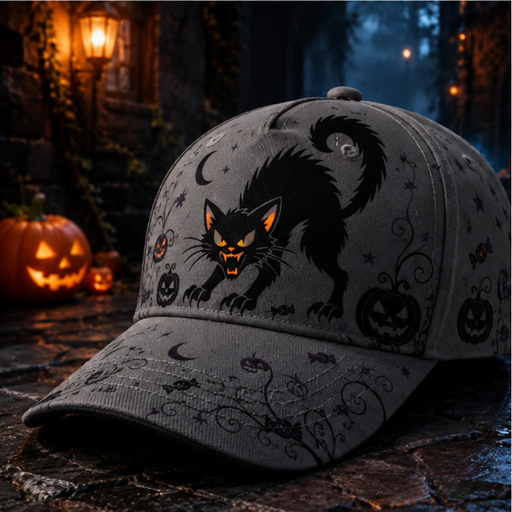 Spooky Black Cat Halloween Baseball Cap Dark Gray