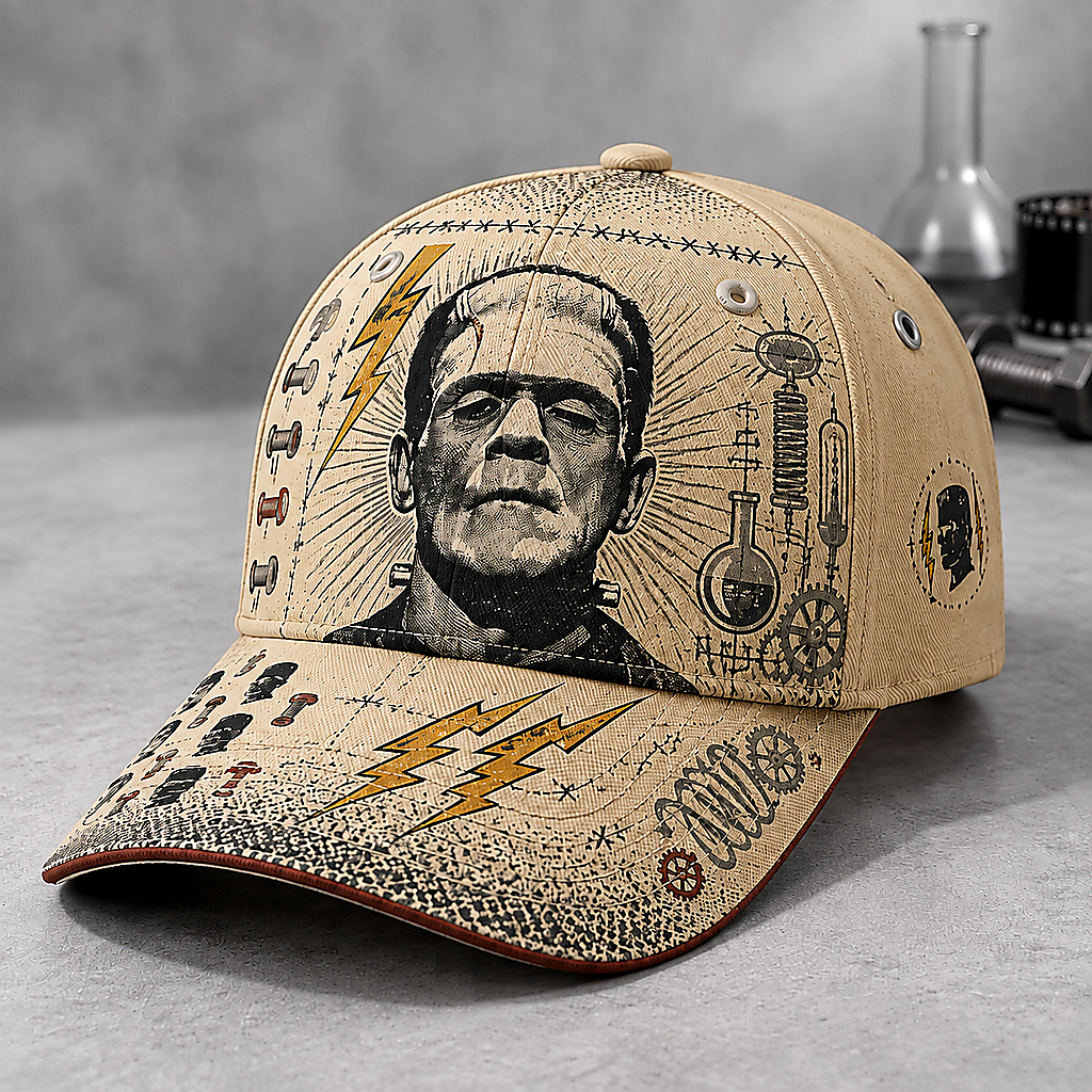 Stitched Monster Lightning Graphic Beige Baseball Cap Khaki