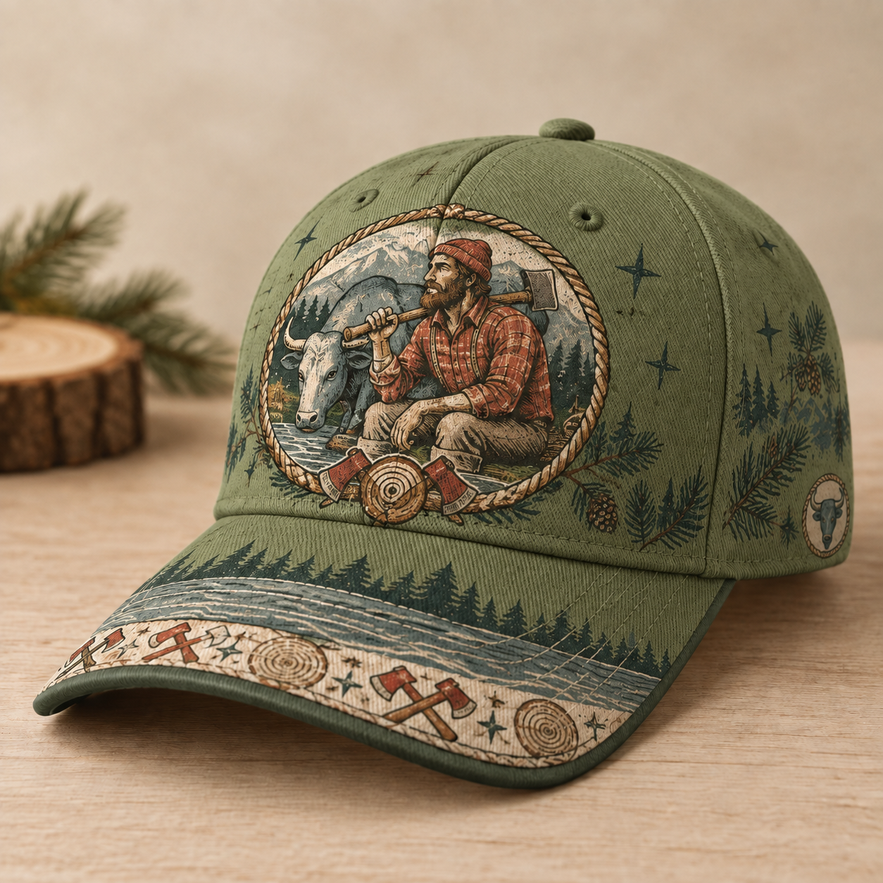 Beige Lumberjack Bull Forest Graphic Baseball Cap Olive