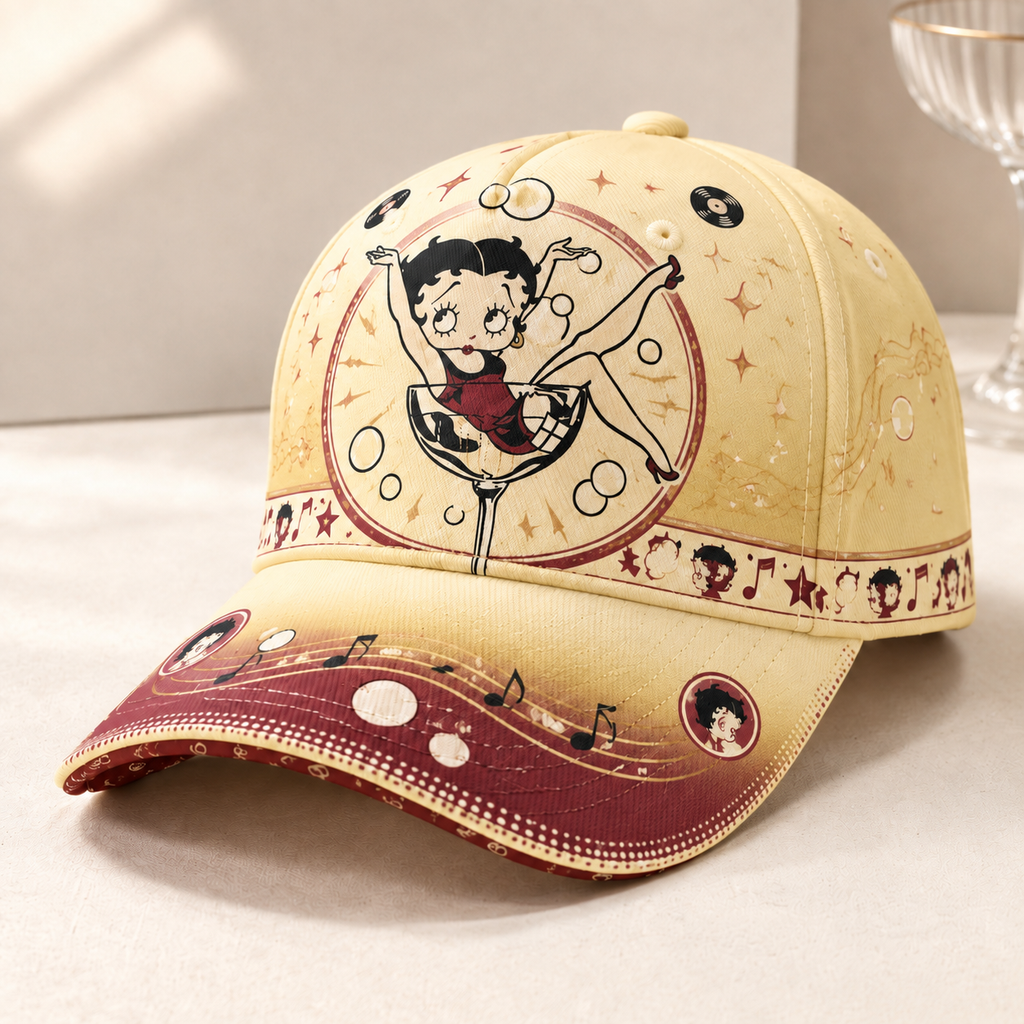 Retro Cartoon Cocktail Glass Graphic Baseball Cap Cream