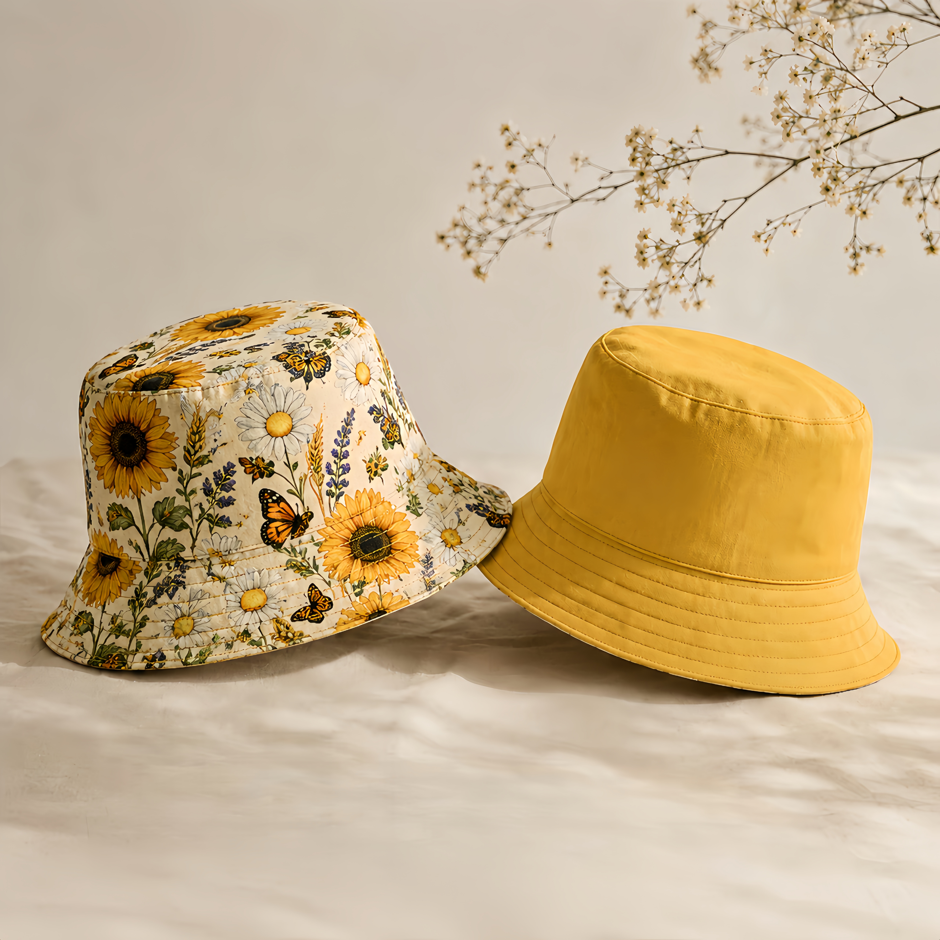 Sunflower Meadow Reversible Bucket Hat – Vintage Floral Outdoor Sun Hat