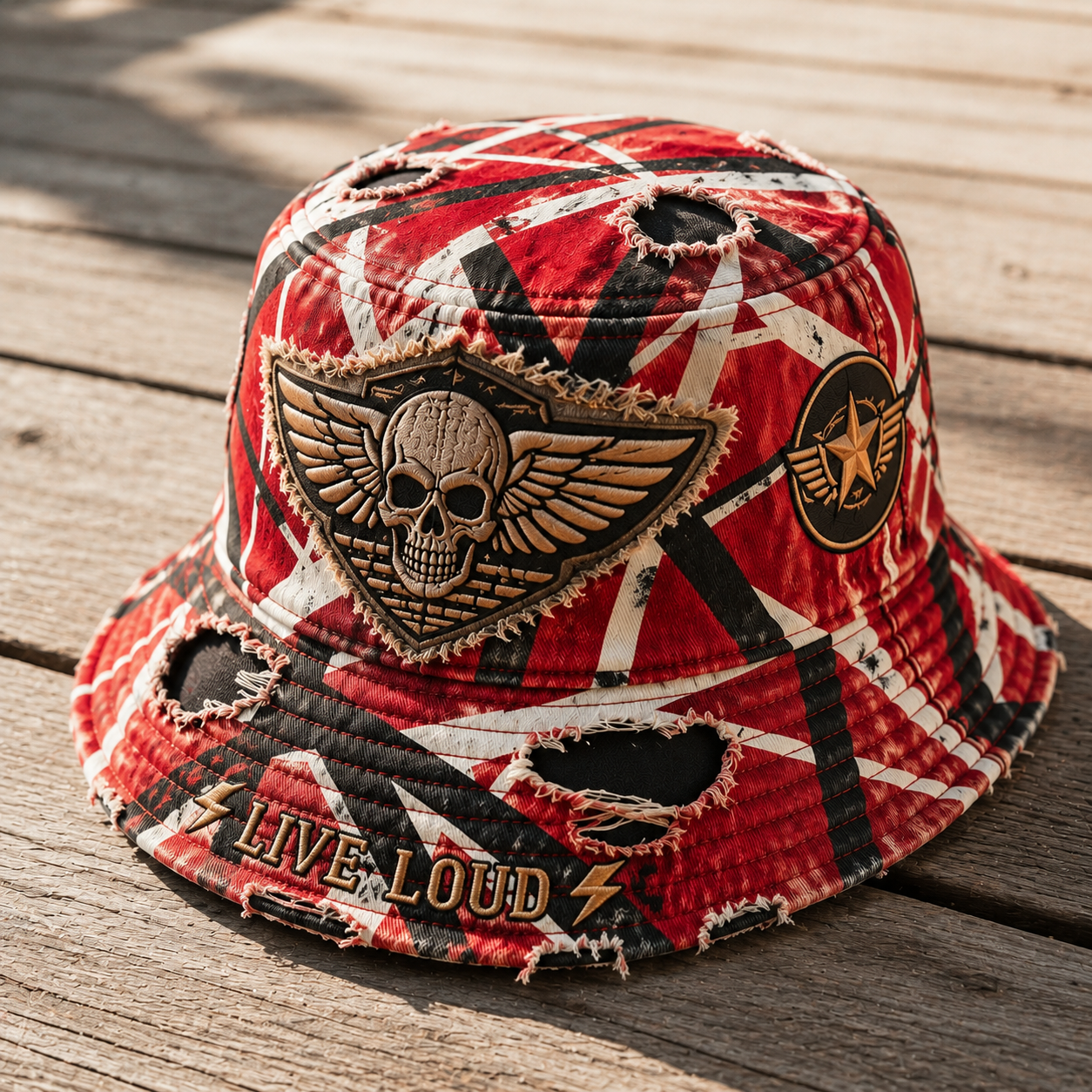 Vintage Rock Spirit Bucket Hat – Distressed Striped Outdoor Sun Hat