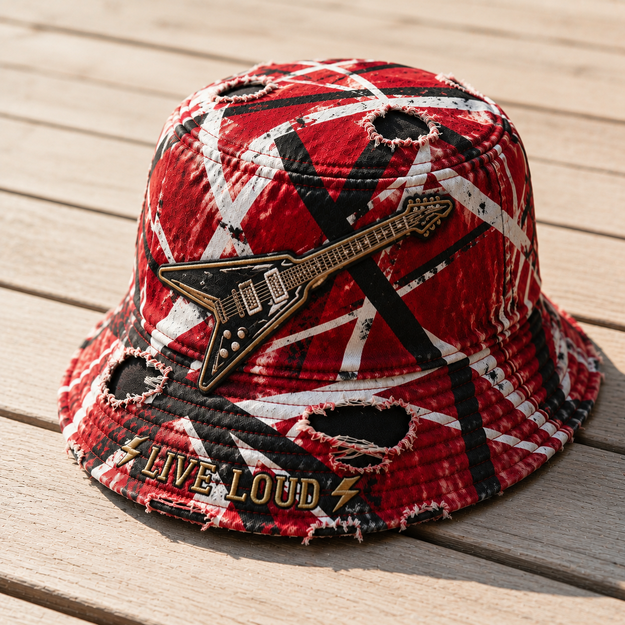 Vintage Rock Spirit Bucket Hat – Distressed Striped Outdoor Sun Hat