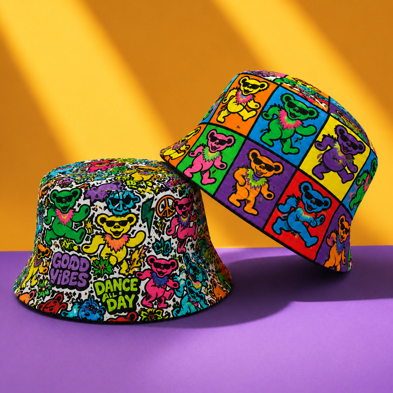 Retro Dancing Bear Bucket Hat – Colorful Festival Reversible Sun Hat