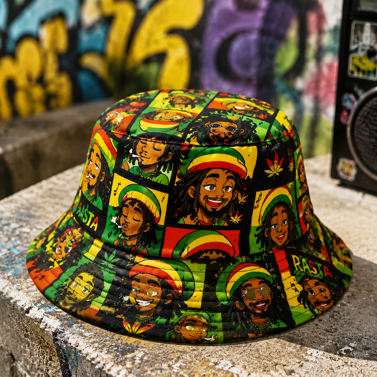 Retro Reggae Spirit Reversible Bucket Hat – Island-Inspired Graphic Festival Sun Hat
