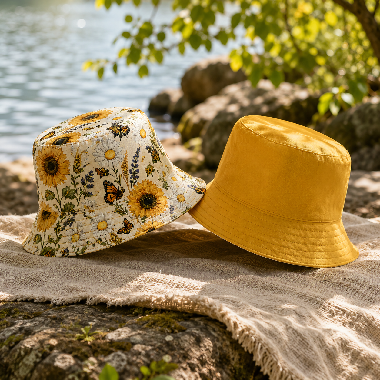 Sunflower Meadow Reversible Bucket Hat – Vintage Floral Outdoor Sun Hat