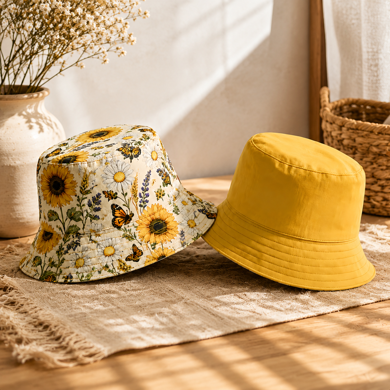 Sunflower Meadow Reversible Bucket Hat – Vintage Floral Outdoor Sun Hat