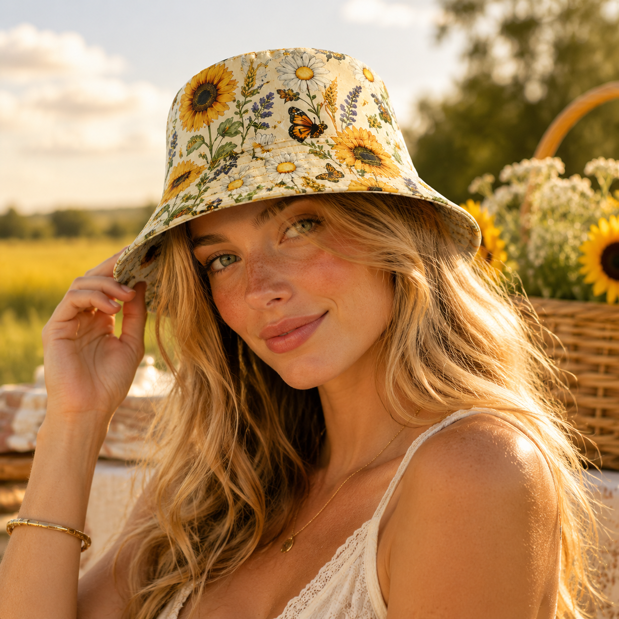 Sunflower Meadow Reversible Bucket Hat – Vintage Floral Outdoor Sun Hat