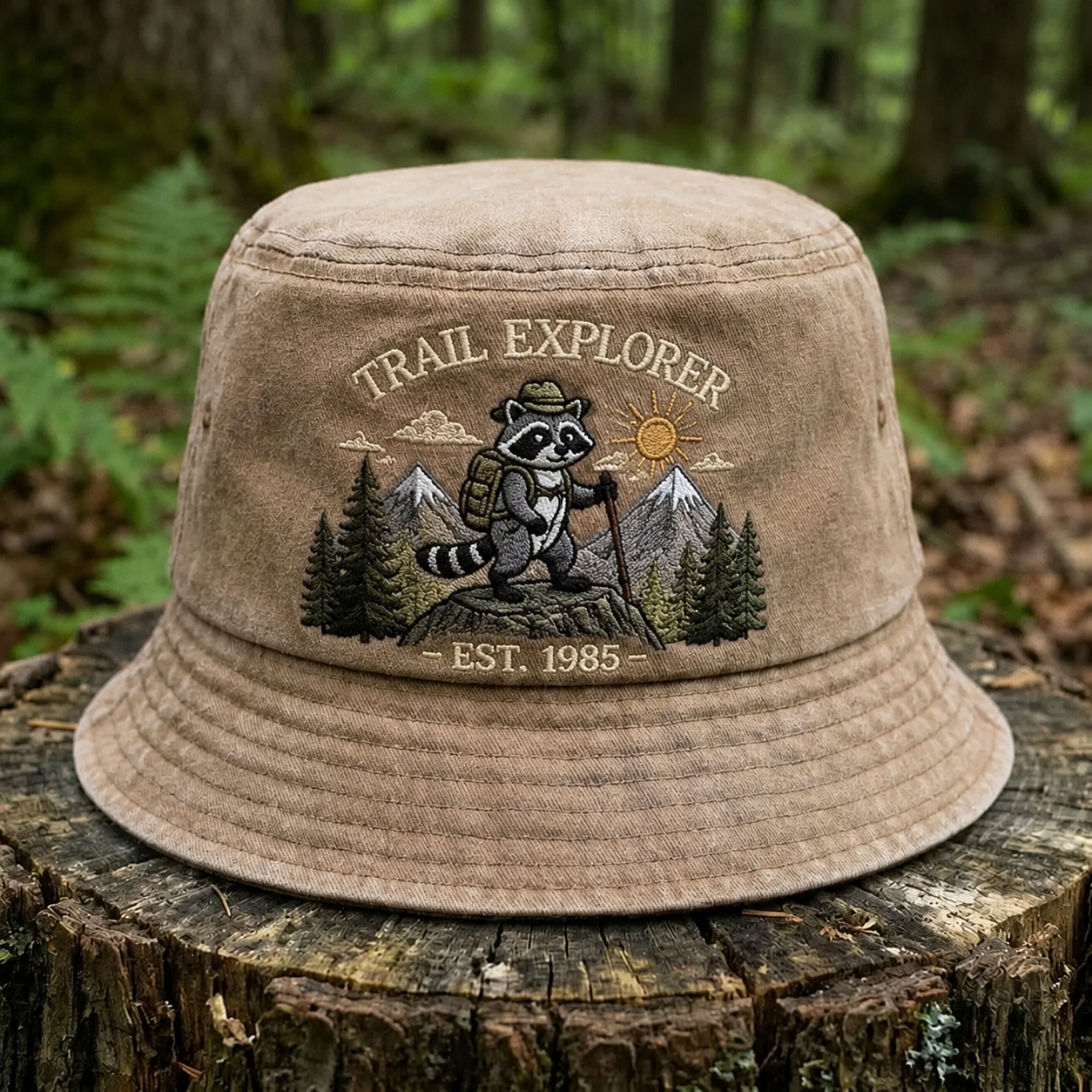 Outdoor Explorer Raccoon Bucket Hat – Adventure Inspired Nature Hiking Hat