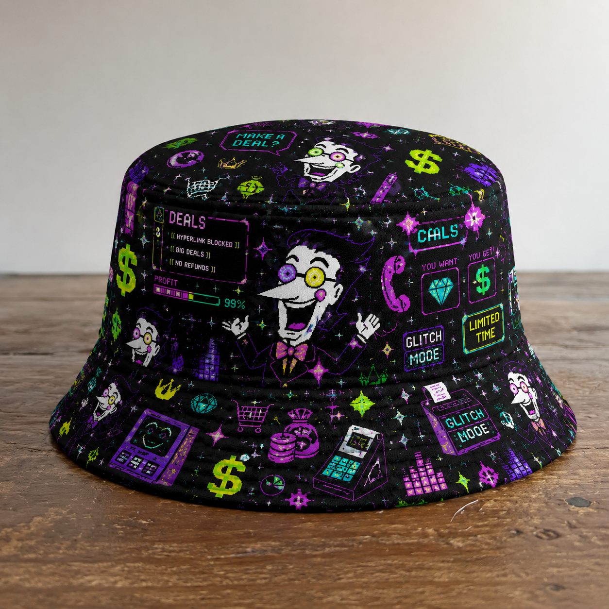 Cyber Pixel Chaos Reversible Bucket Hat – Retro Digital Streetwear Sun Hat