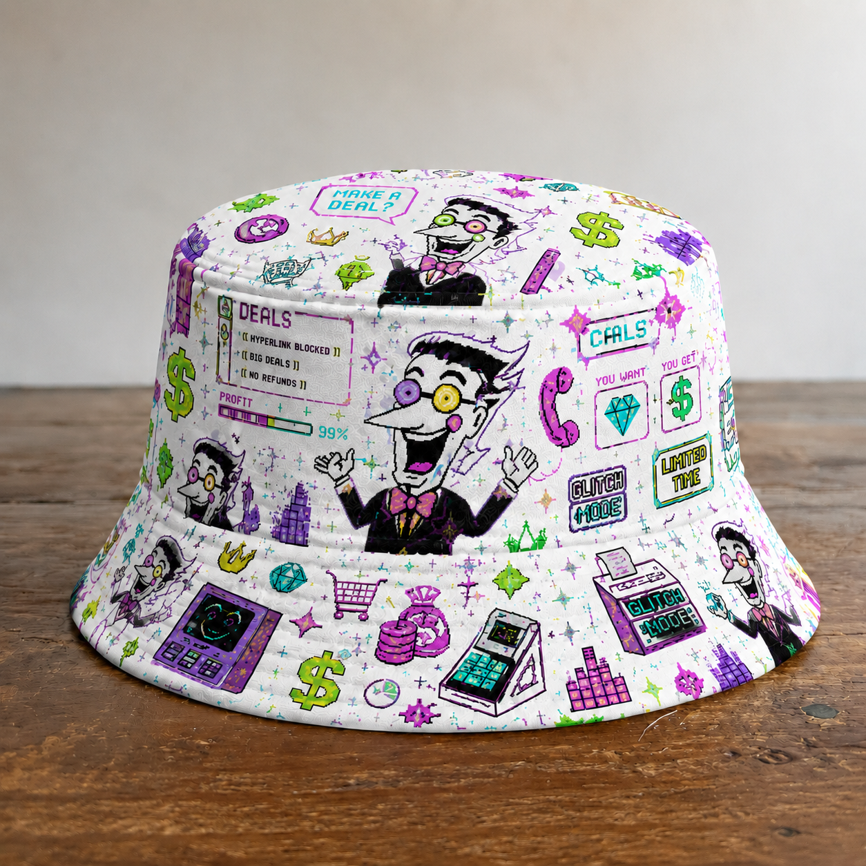 Cyber Pixel Chaos Reversible Bucket Hat – Retro Digital Streetwear Sun Hat