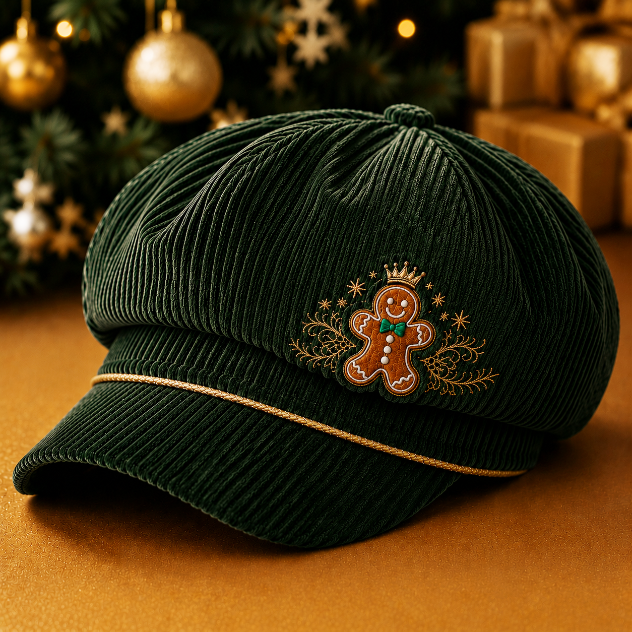 Vintage Gingerbread Christmas Newsboy Cap – Festive Corduroy Baker Style Hat