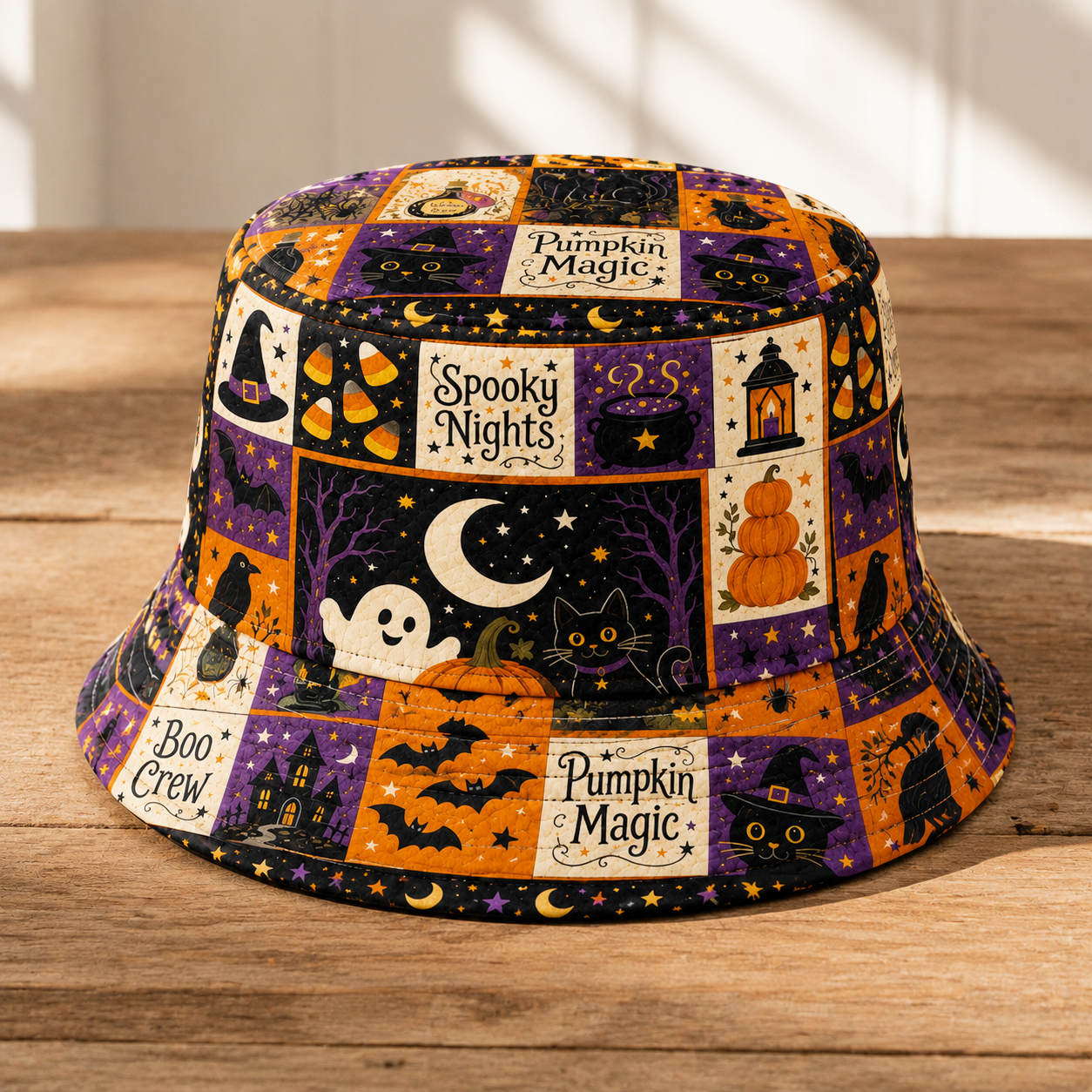Spooky Halloween Bucket Hat – Pumpkin, Cat & Magic Night Pattern Fisherman Hat