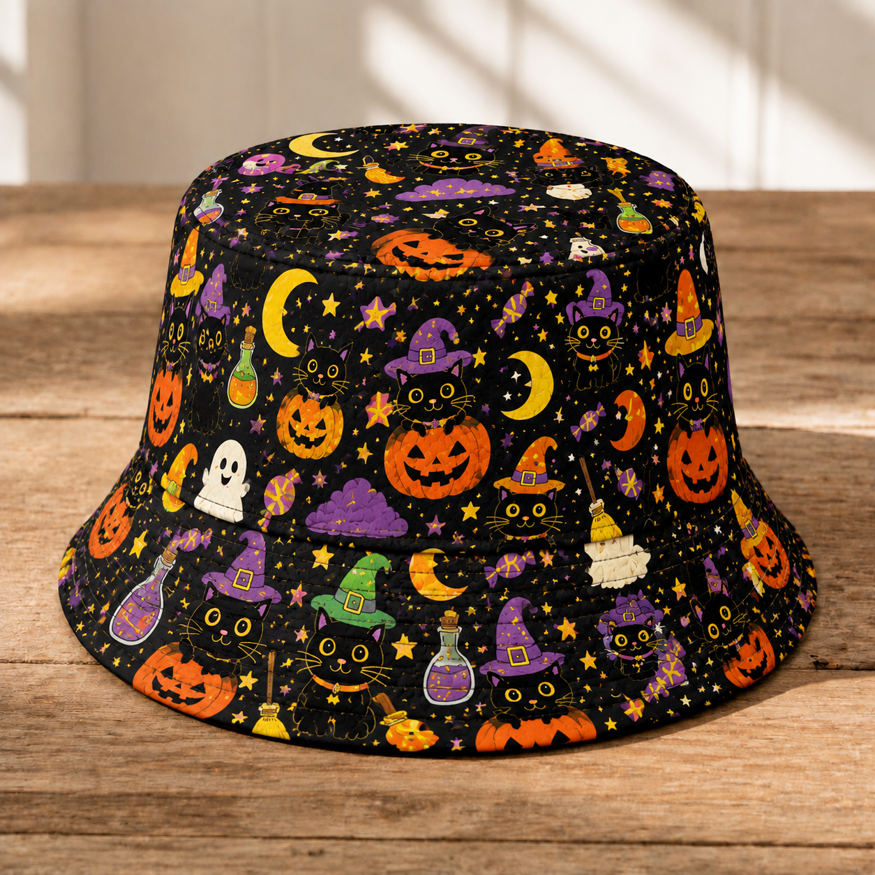 Spooky Halloween Bucket Hat – Pumpkin, Cat & Magic Night Pattern Fisherman Hat