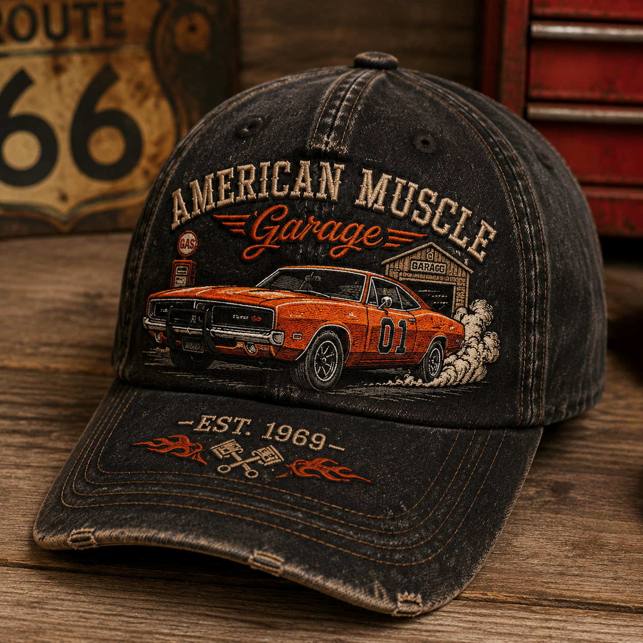Vintage Muscle Garage Racing Baseball Cap – Classic American Car Embroidery Hat