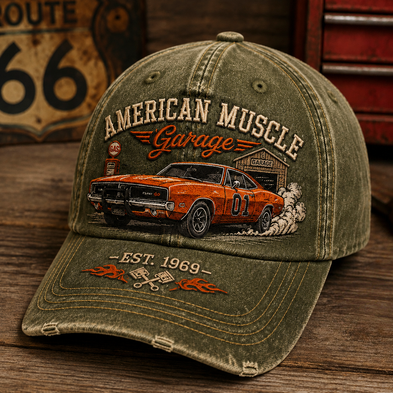 Vintage Muscle Garage Racing Baseball Cap – Classic American Car Embroidery Hat