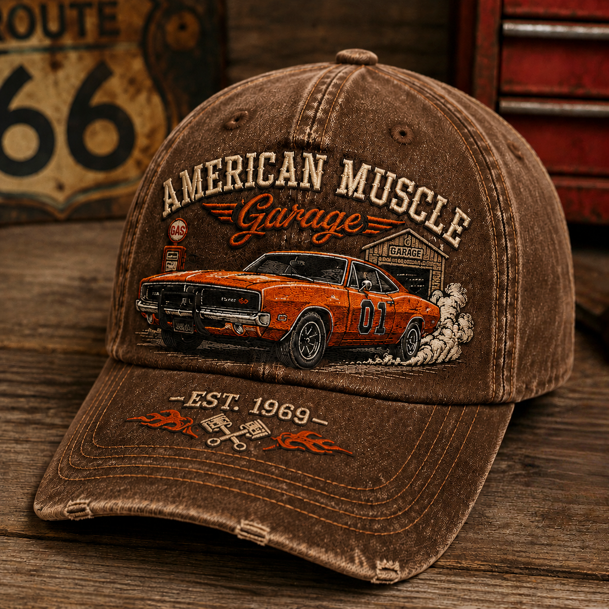 Vintage Muscle Garage Racing Baseball Cap – Classic American Car Embroidery Hat