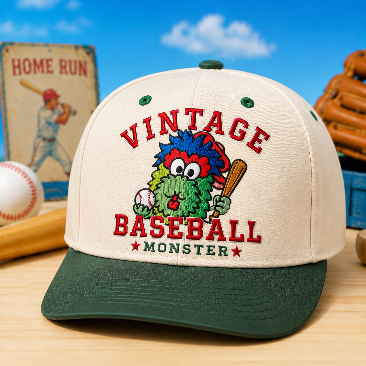 Vintage Baseball Monster Cap – Retro Creature Baseball Hat