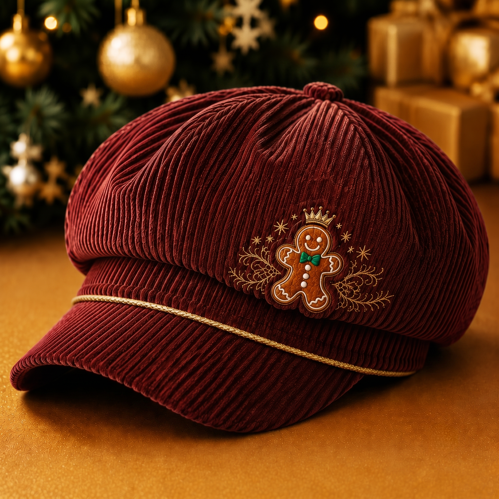 Vintage Gingerbread Christmas Newsboy Cap – Festive Corduroy Baker Style Hat