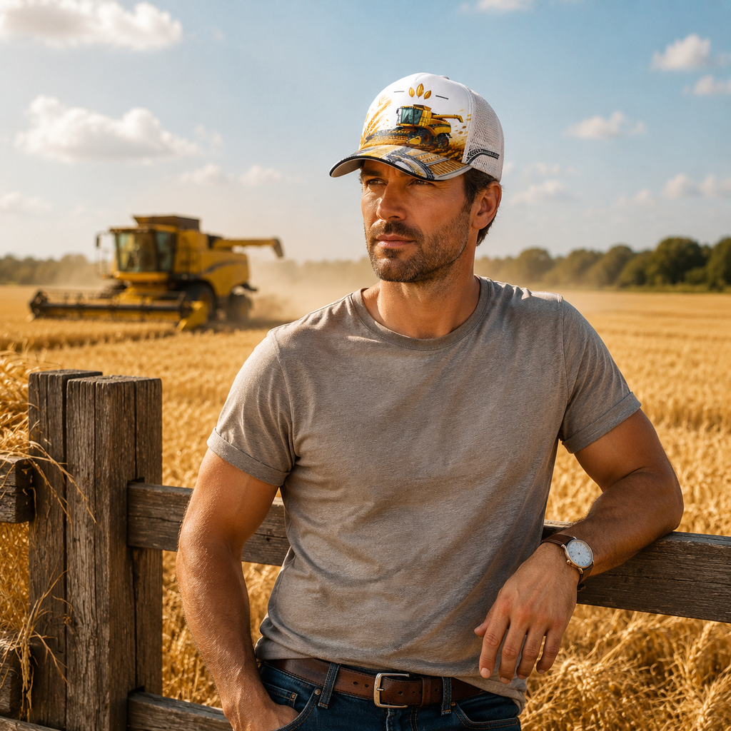 Golden Harvester Wheat Trucker Hat lifestyle scene